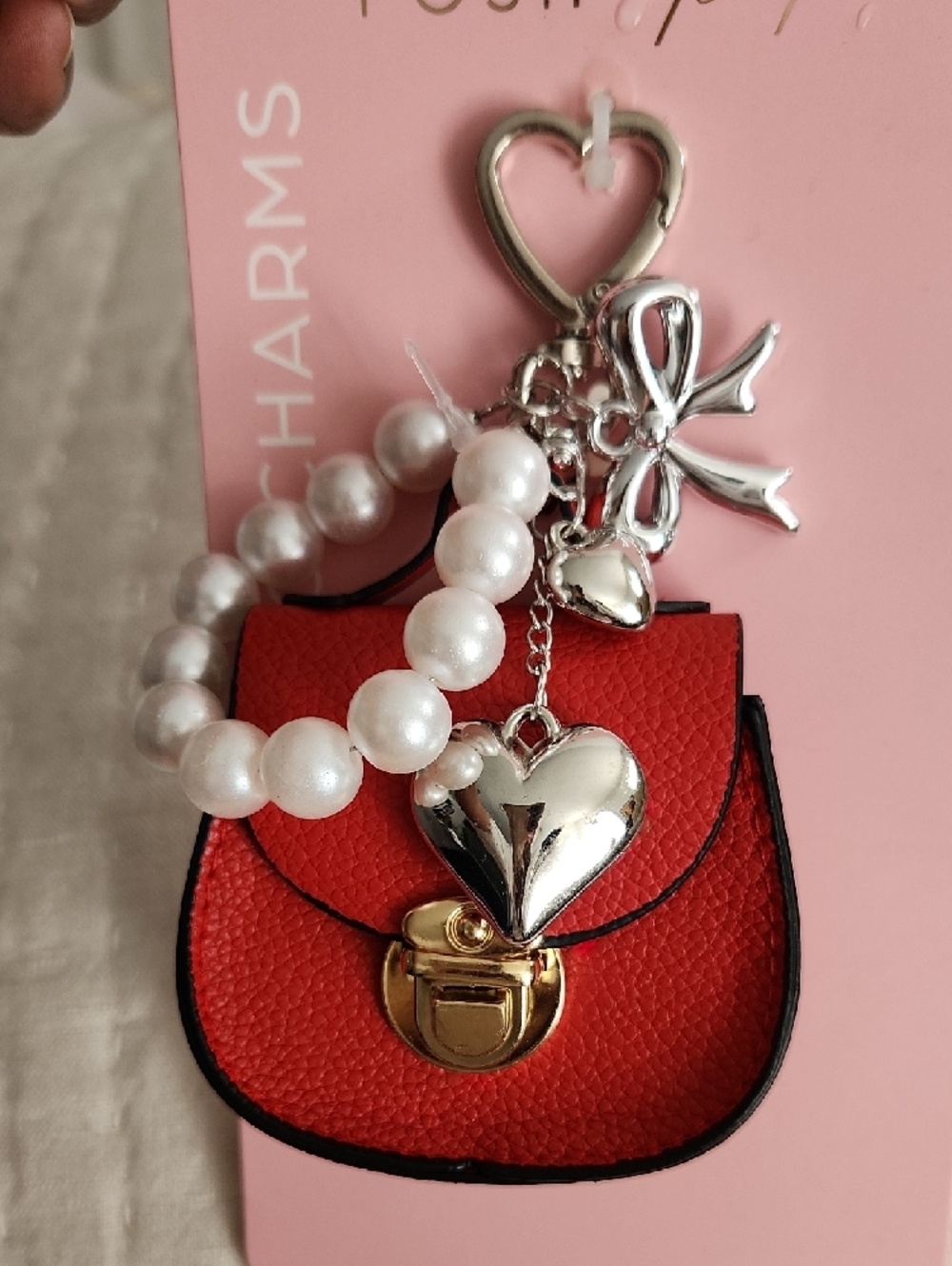 Red Mini Saddle Bag Charm Keychain w Gold Hardware, Pearls, & Silver Charms NWT - Picture 2 of 5